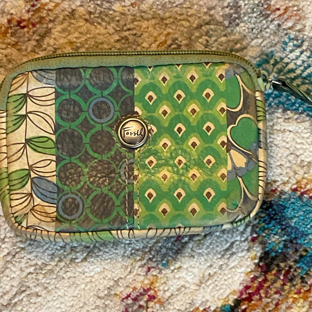 Fossil Green Leather Key Per Purse Zipper Pouch